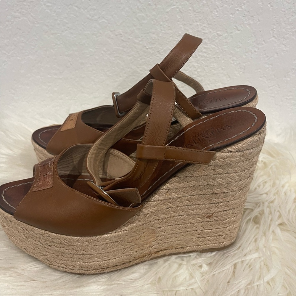 Valentino‎ Garavani Leather Espadrille Wedges Brown Bow Accents Wedge